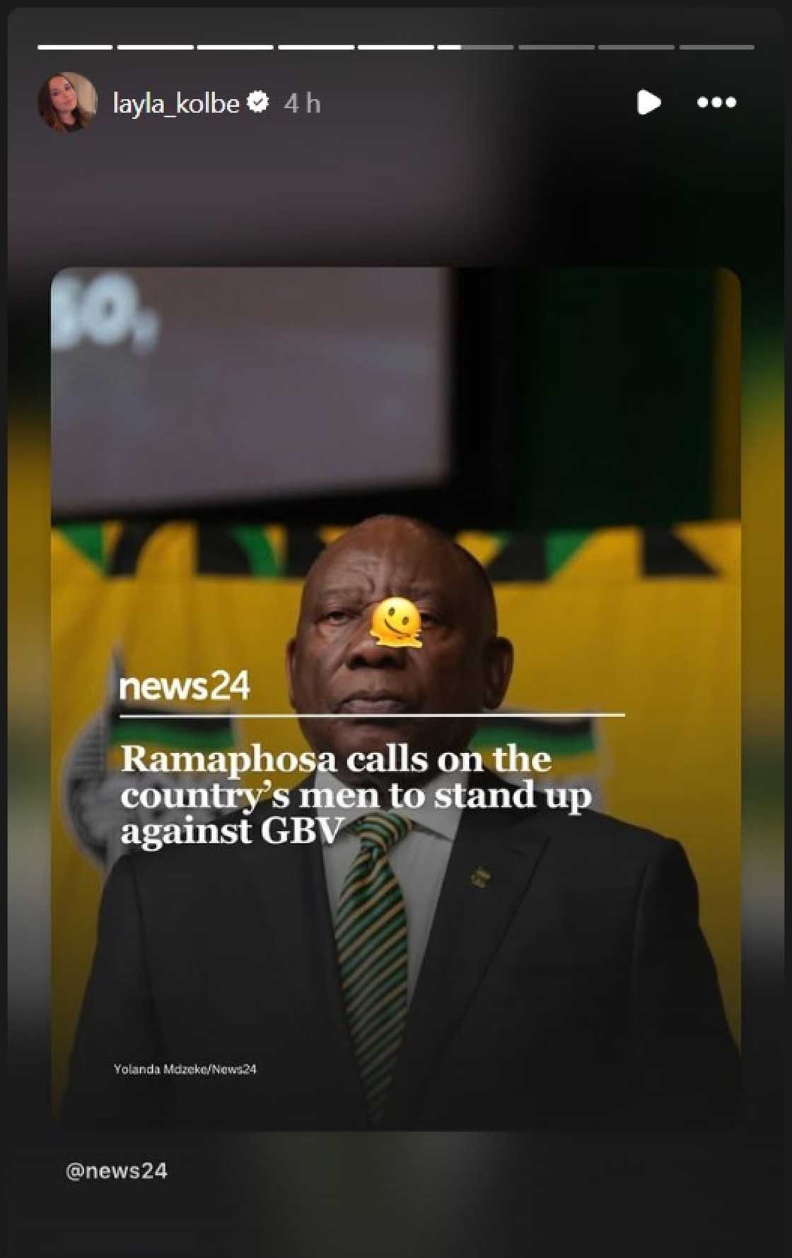 Layla Kolbe reacts after President Ramaphosa calls on South African men to stand up against GBV Layla Kolbe reacts after President Ramaphosa calls on South African men to stand up against GBV
