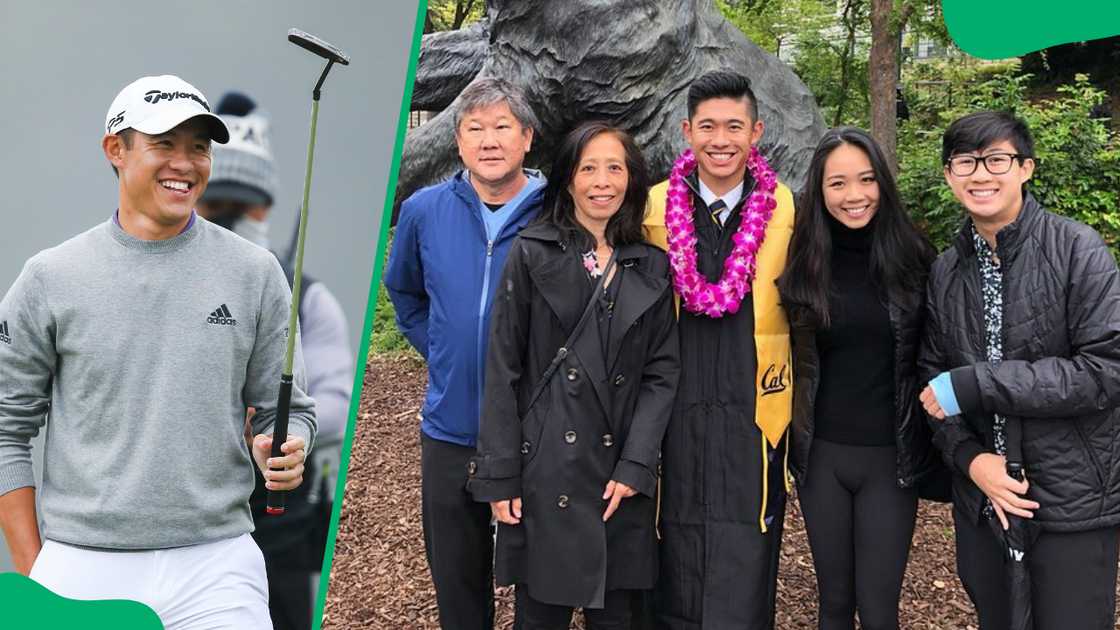 Collin carries a golfing stick and takes a picture with his wife, parents, and brother on his graduation day Collin carries a golfing stick and takes a picture with his wife, parents, and brother on his graduation day