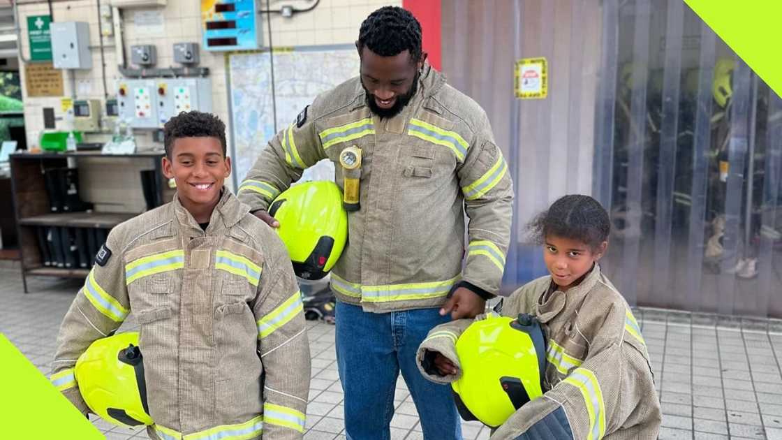 Siya Kolisi and his children spent time together at a London fire station. Siya Kolisi and his children spent time together at a London fire station.