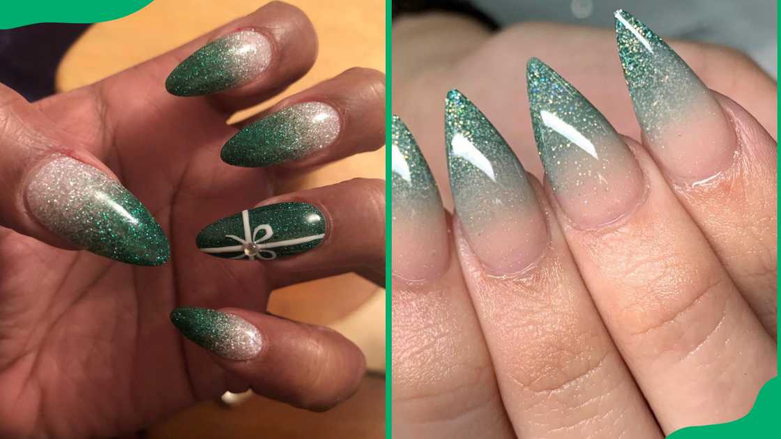 Green sparkly ombre nail design