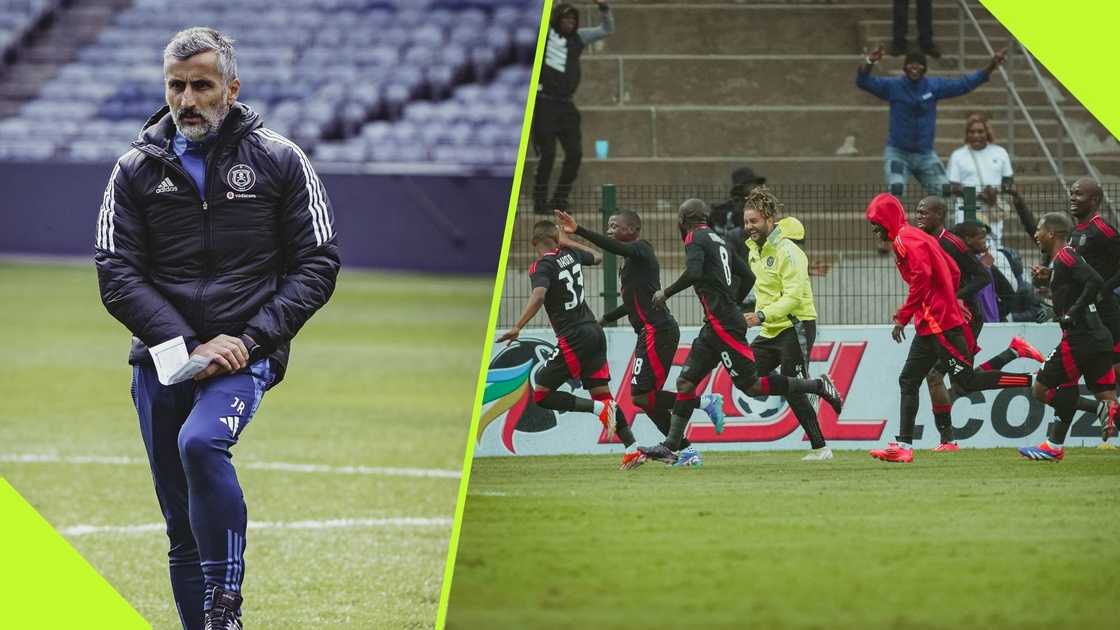 Jose Riveiro reacts to Orlando Pirates 1-0 win over Richards Bay in the Betway Premiership at the King Goodwill Zwelithini Stadium. Photo: @orlandopirates.