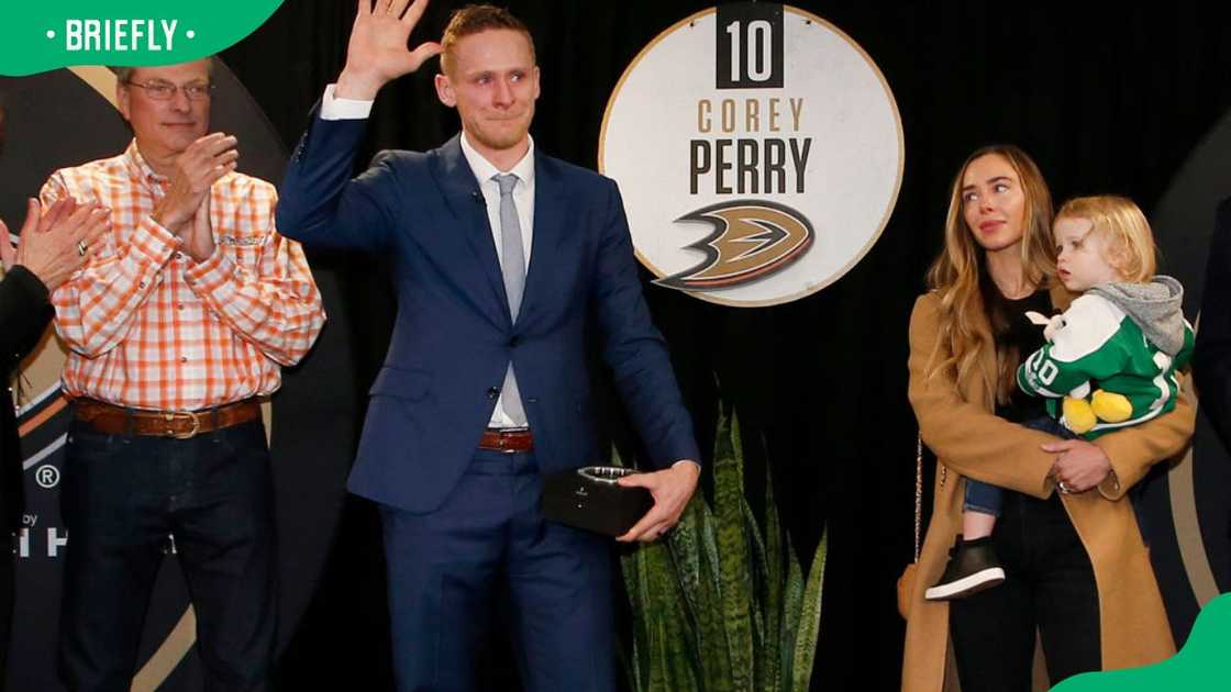 Corey Perry at a surprise reception prior to the game between the Anaheim Ducks and the Dallas Stars at Honda Center in 2020