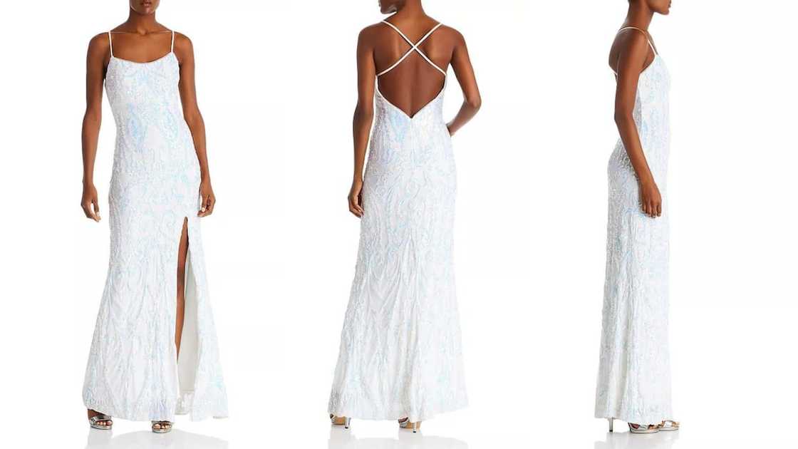 Long sequined gown with spaghetti straps and high fron side slit