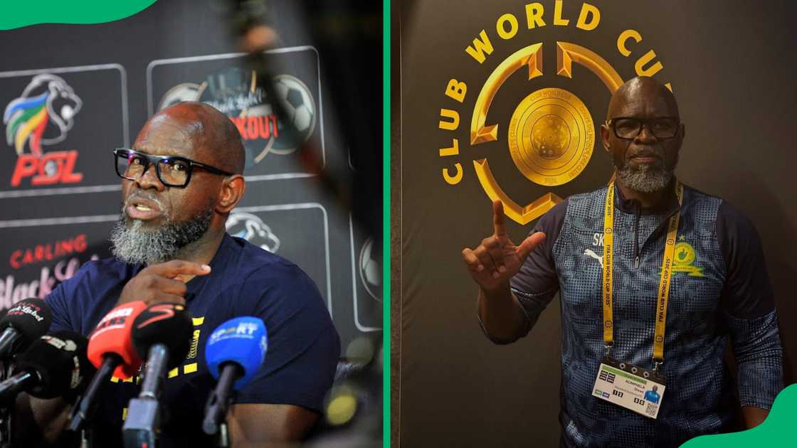 Steve Komphela speaking to the press and posing for a photo