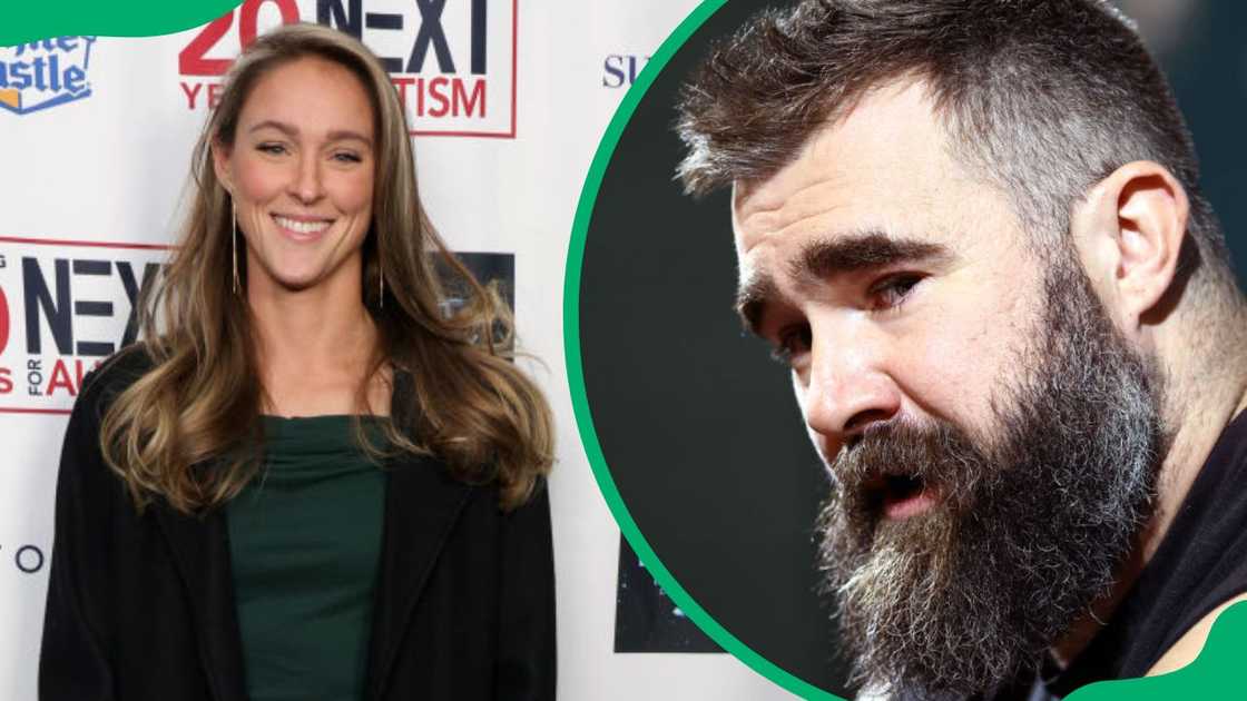 Kylie Kelce at the Beacon Theatre in 2023 (L). Jason Kelce announcing his retirement from the NFL in 2024 (R). Kylie Kelce at the Beacon Theatre in 2023 (L). Jason Kelce announcing his retirement from the NFL in 2024 (R).
