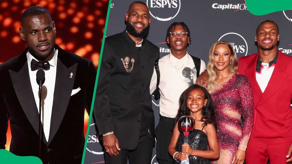 James at the 2015 ESPYS (L). LeBron, Bryce, Zhuri, Savannah and Bronny (L-R) at the 2023 ESPYS (R)