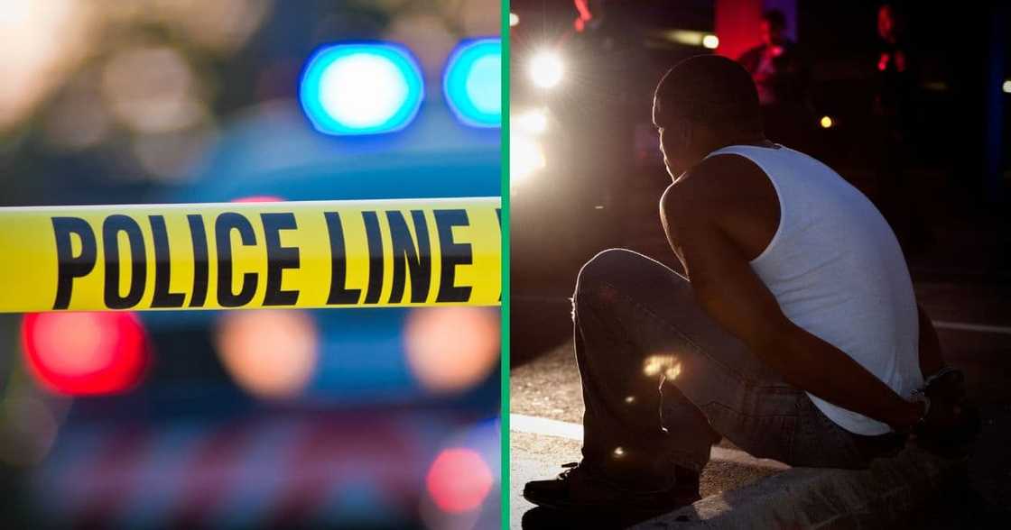 Collage image of police line tape and a man handcuffed Collage image of police line tape and a man handcuffed