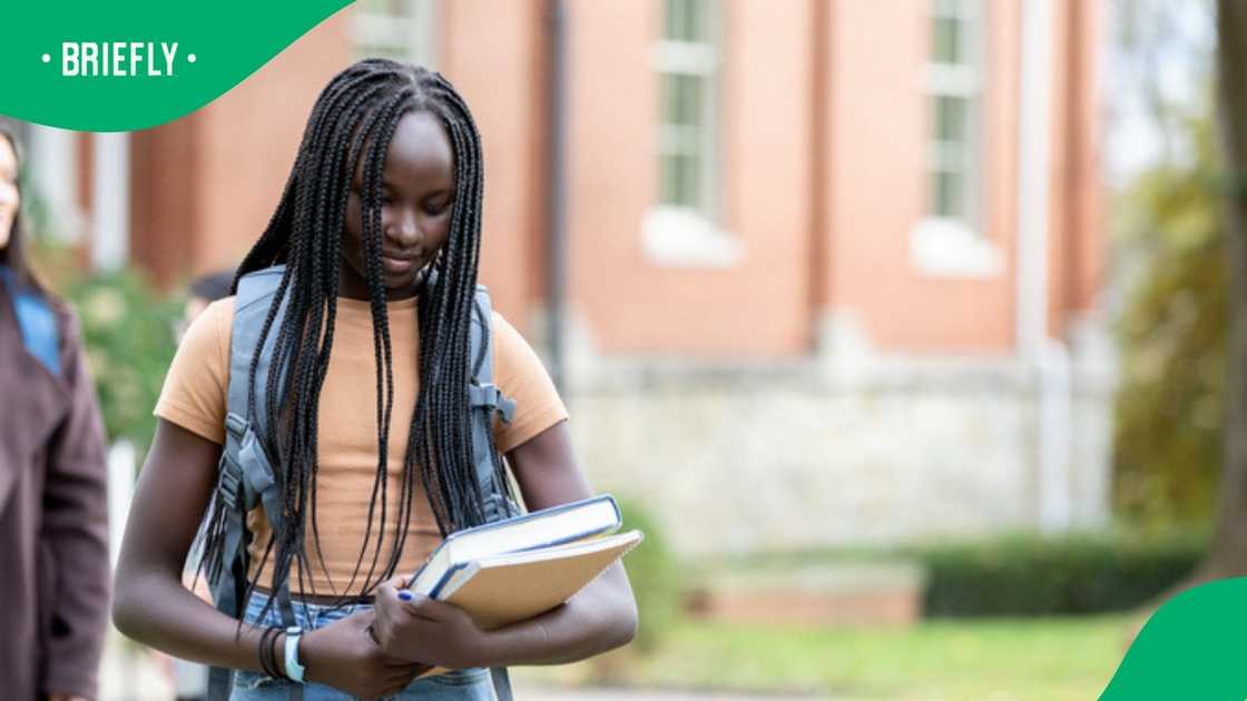A schoolgirl walked with a book in her hands. A schoolgirl walked with a book in her hands.