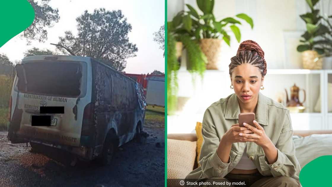 The burnt out mortuary vehicle following the accident which claimed the lives of two people The burnt out mortuary vehicle following the accident which claimed the lives of two people