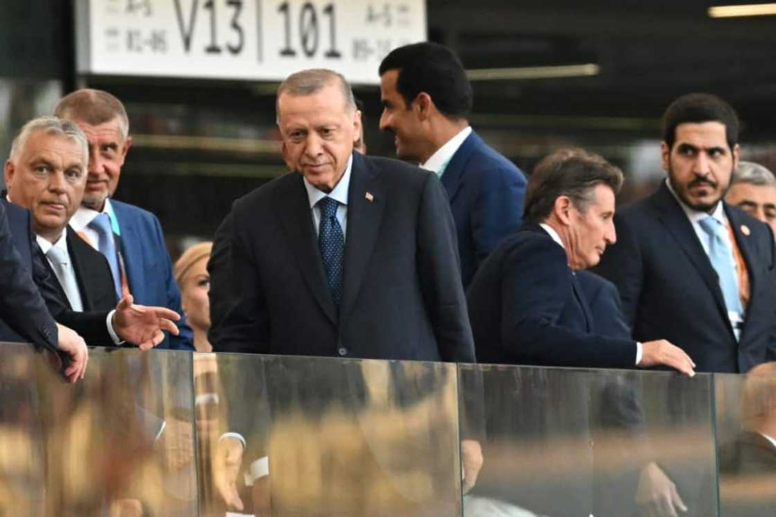Erdogan (centre) joined Orban and other dignitaries at the World Athletics Championships in Budapest Erdogan (centre) joined Orban and other dignitaries at the World Athletics Championships in Budapest