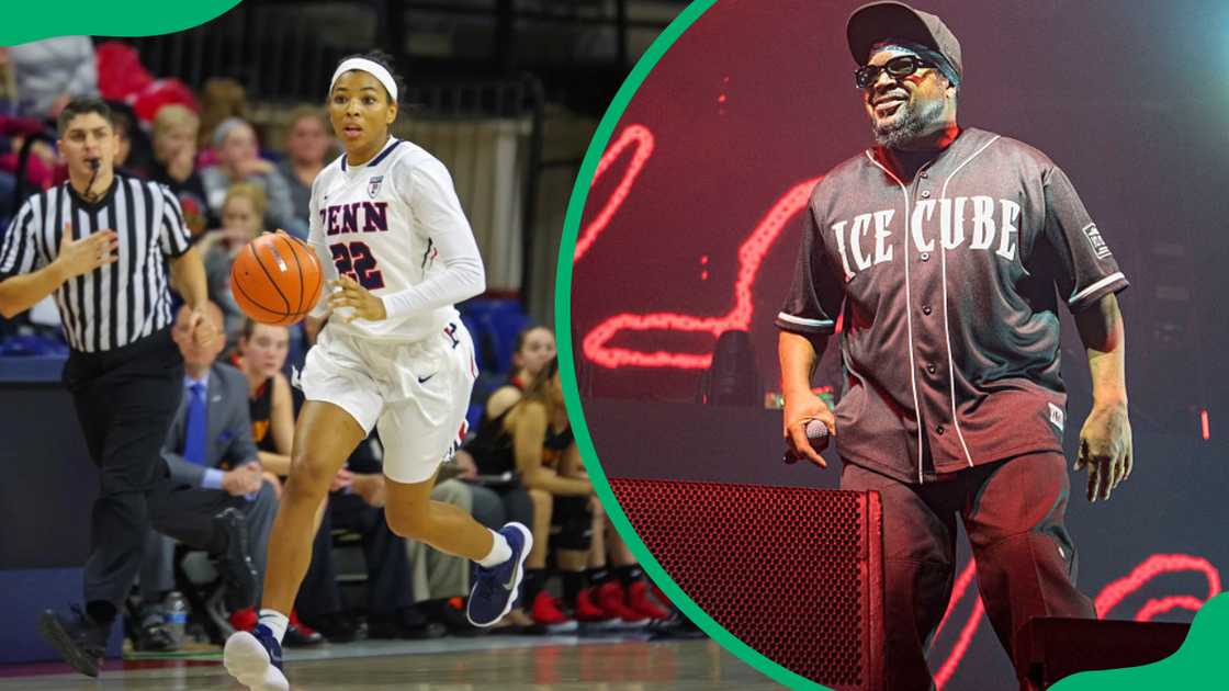 Deja Jackson playing basketball on the court and Ice Cube performing on stage.