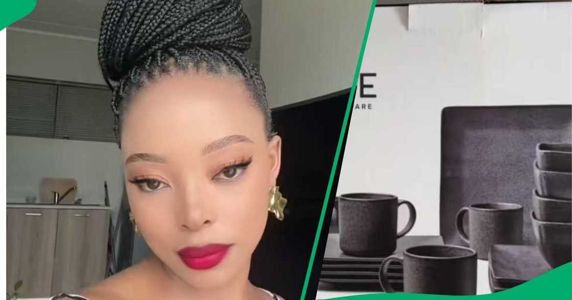 A TikTok video shows a woman unveiling her dinner set from Checkers. A TikTok video shows a woman unveiling her dinner set from Checkers.