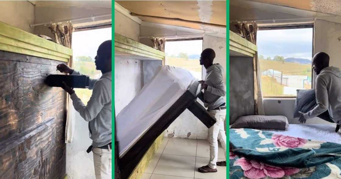 man releasing bed from wall compartment