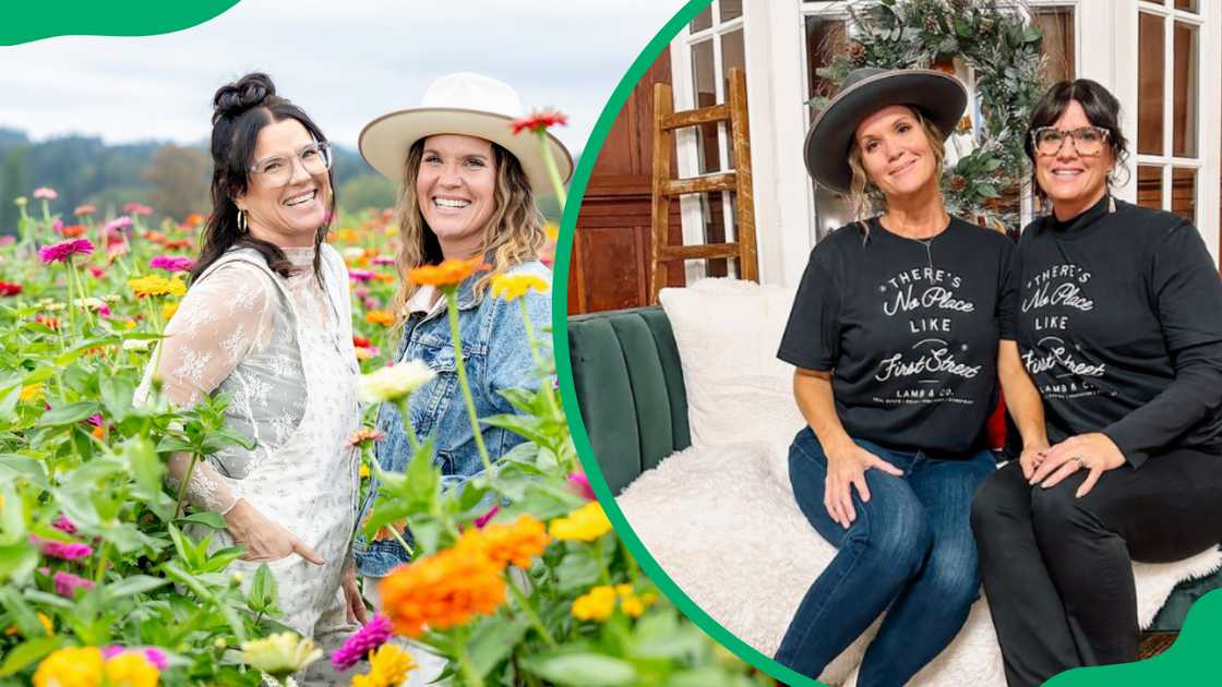 The unsellable Houses twins posing in a flower garden (L). The twins posing in black t-shirts (R)