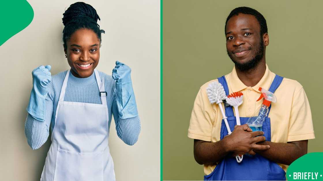 The man on the right was captured smiling softly while holding cleaning brushes and a spray bottle The man on the right was captured smiling softly while holding cleaning brushes and a spray bottle