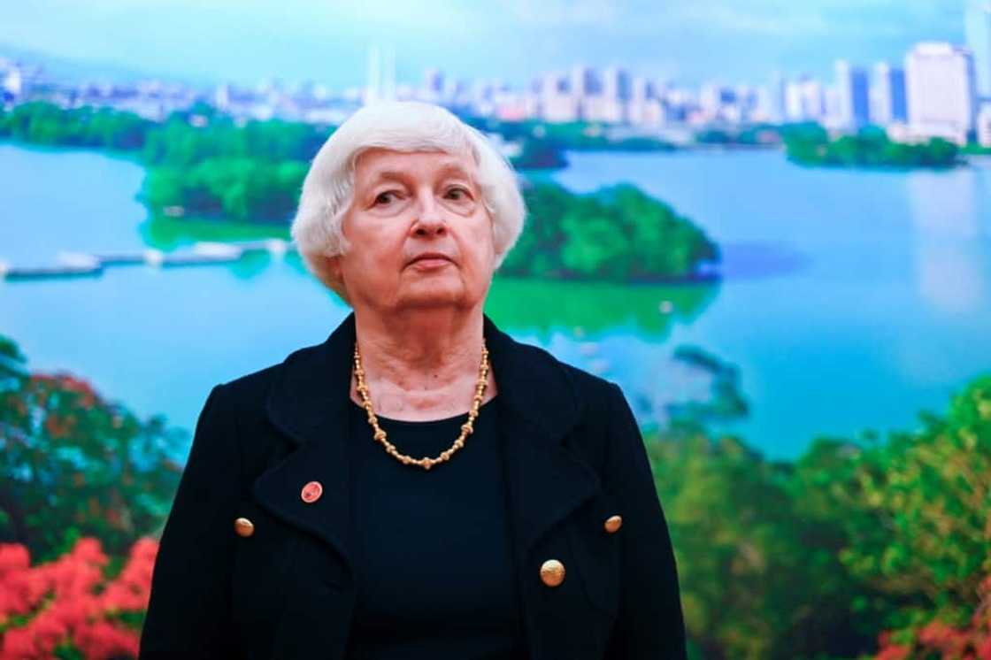 US Treasury Secretary Janet Yellen attends a gaggle with media after meeting with Chinese counterpart He Lifeng in Guangzhou