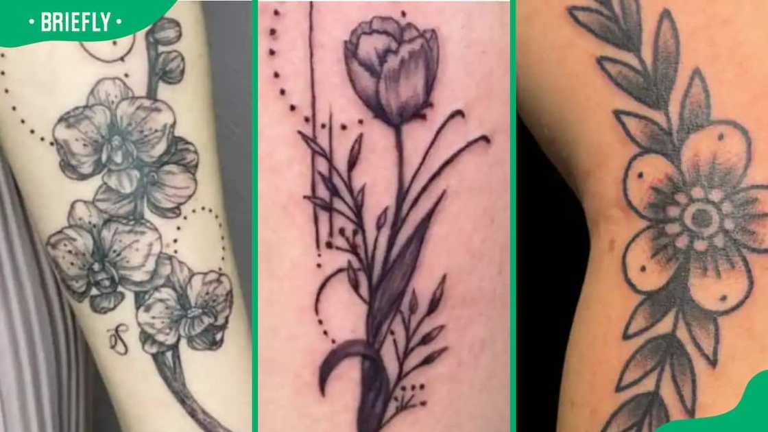 Orchid (L), tulip (C) and elbow flower tattoo (R) Orchid (L), tulip (C) and elbow flower tattoo (R)