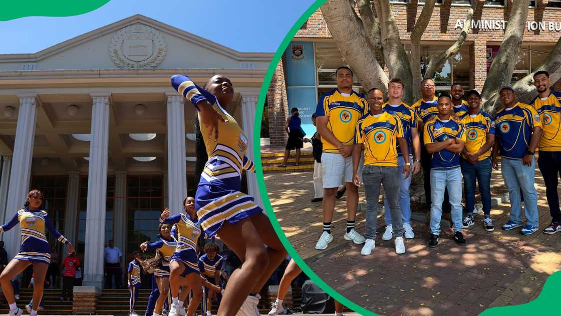 UWC female cheerleaders in action and young UWC men in school tees standing under a tree UWC female cheerleaders in action and young UWC men in school tees standing under a tree