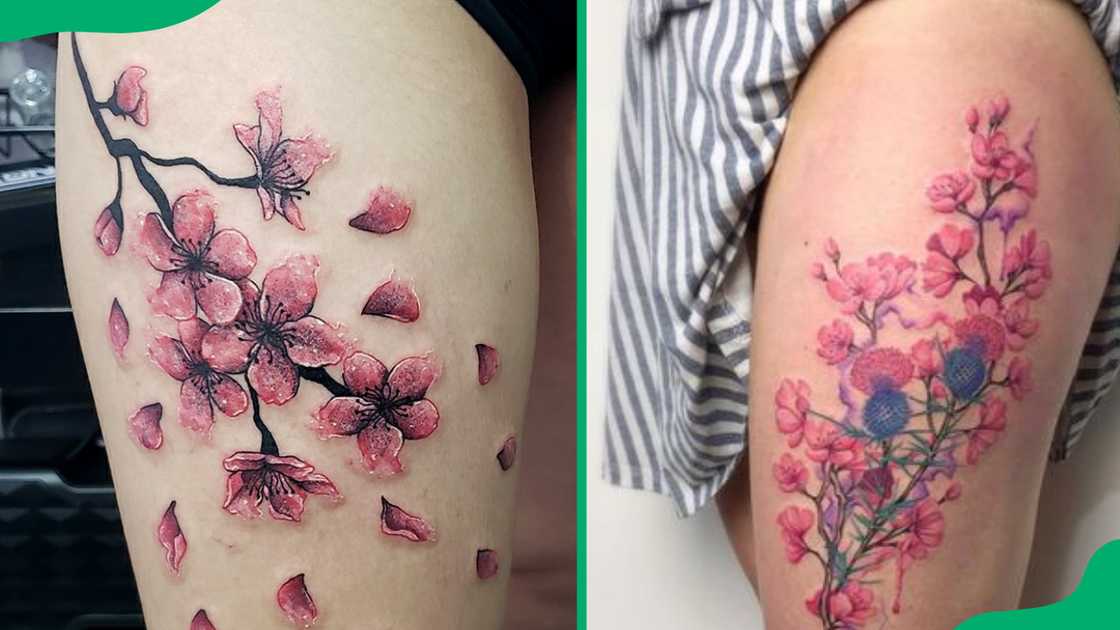 Cherry blossom thigh tattoo. Cherry blossom thigh tattoo.