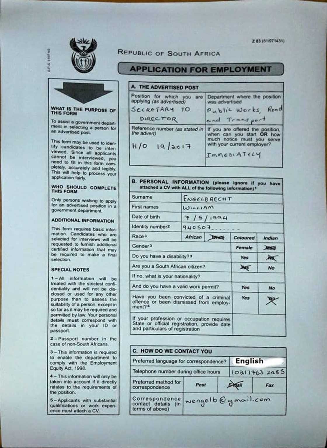 Z83 form: word form, pdf form download, how to fill it and example of filled form