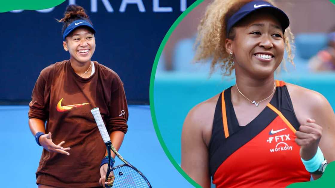 Naomi Osaka at Pat Rafter Arena in Brisbane(L), Naomi Osaka at Hard Rock Stadium in Miami Gardens, Florida (R).