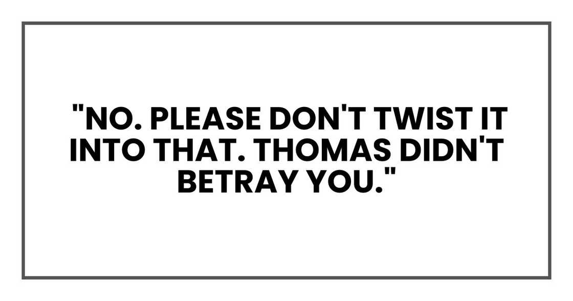 No. Please don't twist it into that. Thomas didn't betray you." No. Please don't twist it into that. Thomas didn't betray you."