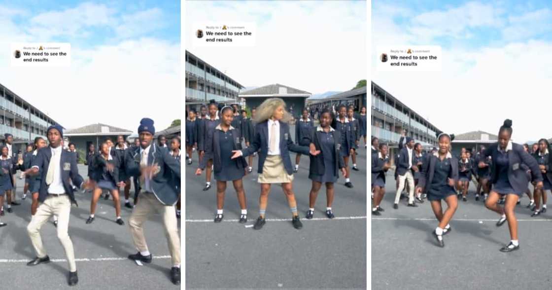 Dozens of schoolkids dancing for a TikTok video