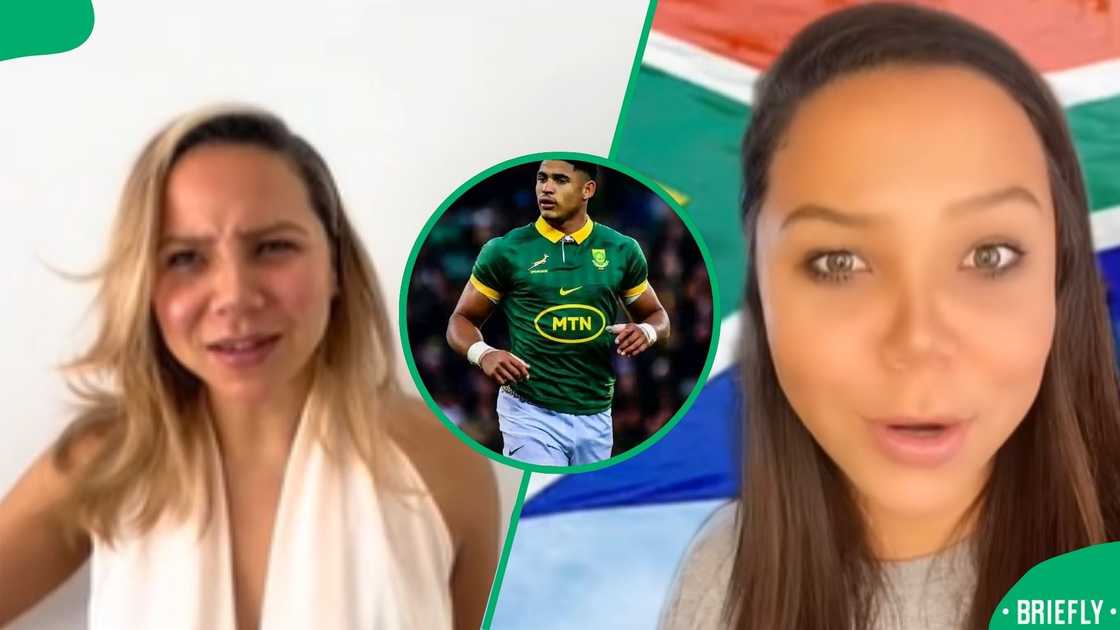 A proud South African woman created buzz online as she celebrated Sacha Feinberg-Mngomezulu’s standout performance for the Springboks