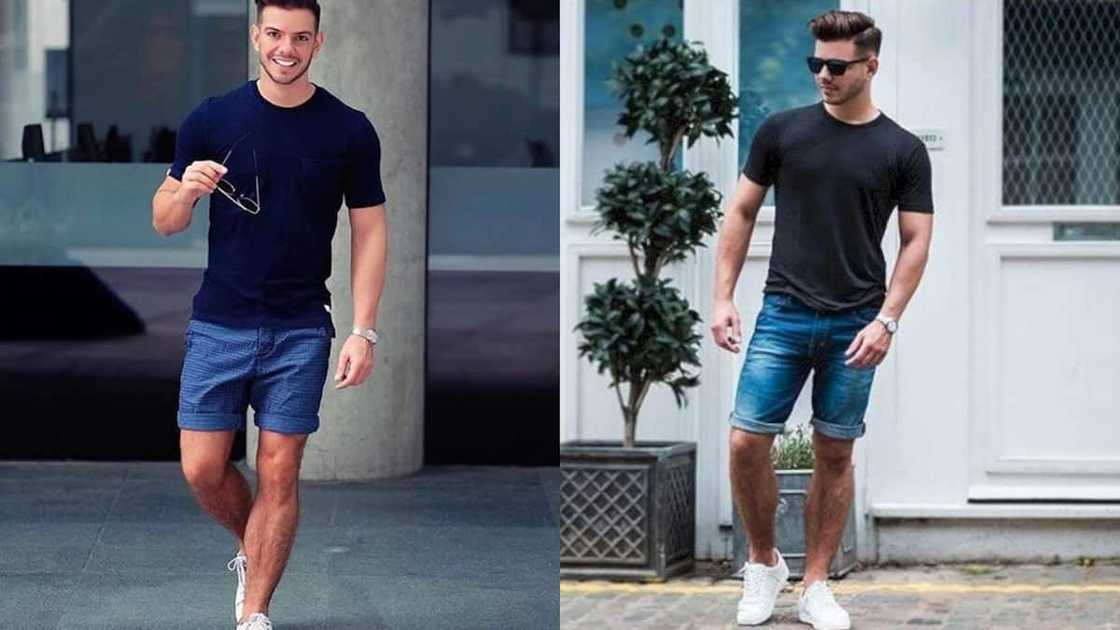 Black T-shirt with blue shorts