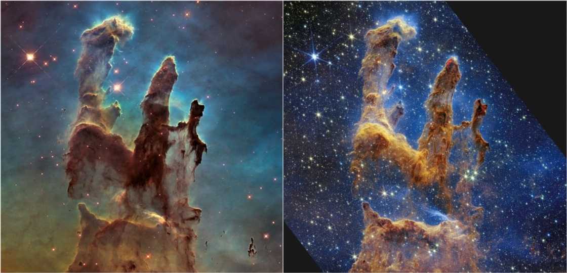 These handout photos provided by NASA show the 'Pillars of Creation' that are set off in a kaleidoscope of color in theJames Webb Space Telescope's near-infrared-light view (R) compared to the Hubble telescope's 2014 wider view in visible light