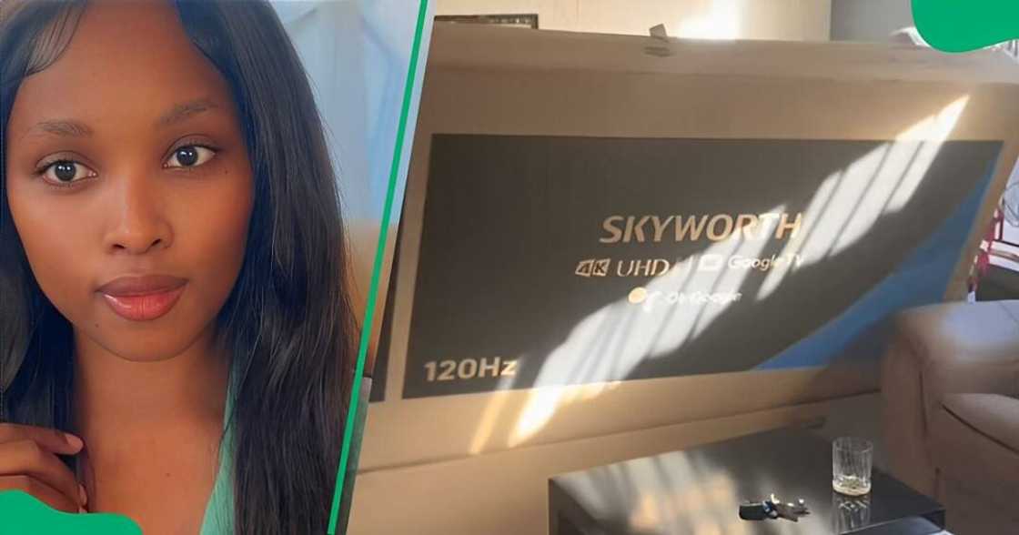 A TikTok video shows a woman unboxing her brand-new 86-inch TV that she bought with cash.