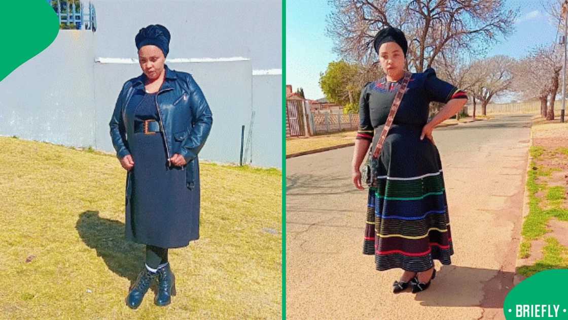 In the second image, Andy Ngcekana stood on a quiet suburban street, posing in a black traditional dress with colourful striped details In the second image, Andy Ngcekana stood on a quiet suburban street, posing in a black traditional dress with colourful striped details