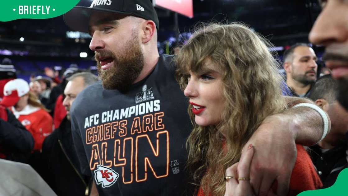 Travis Kelce and Taylor Swift at a 2024 AFC Championship Game at M&T Bank Stadium