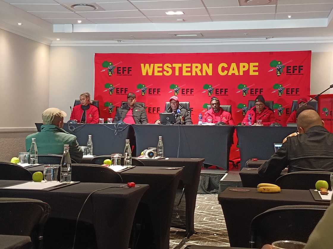 Julius Malema and members of the EFF during a press briefing in Cape Town