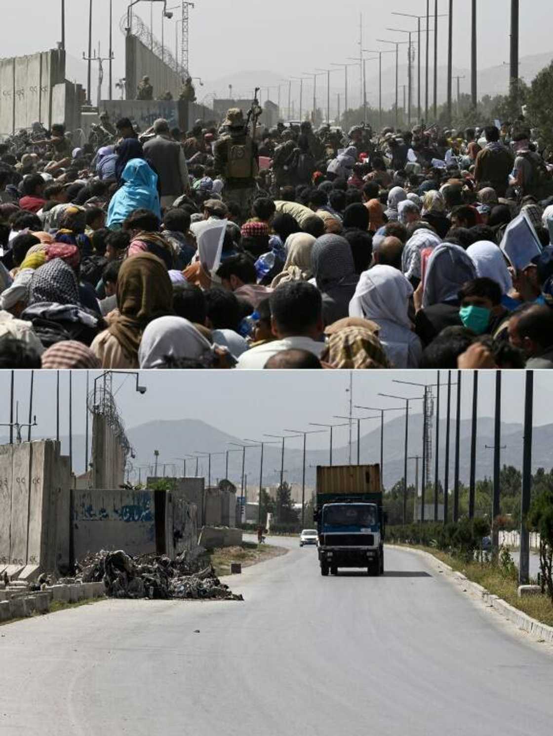 Combination of pictures shows (top) Afghans gathering at the airport in Kabul on August 20, 2021, and (bottom) the same area of the airport taken on August 3, 2022 Combination of pictures shows (top) Afghans gathering at the airport in Kabul on August 20, 2021, and (bottom) the same area of the airport taken on August 3, 2022