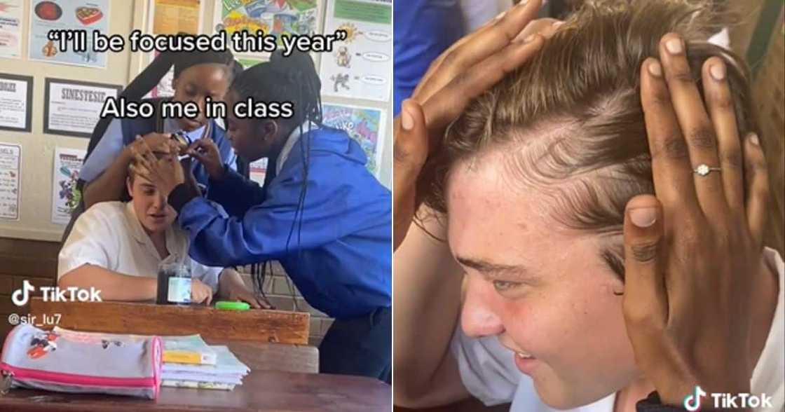 Black girls use edge control on white boy at SA scool Black girls use edge control on white boy at SA scool