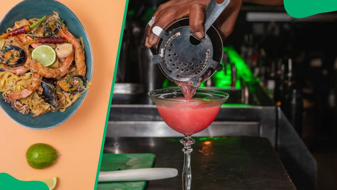 Infusion On Long cocktail (L). Pasta and prawn (R) Infusion On Long cocktail (L). Pasta and prawn (R)