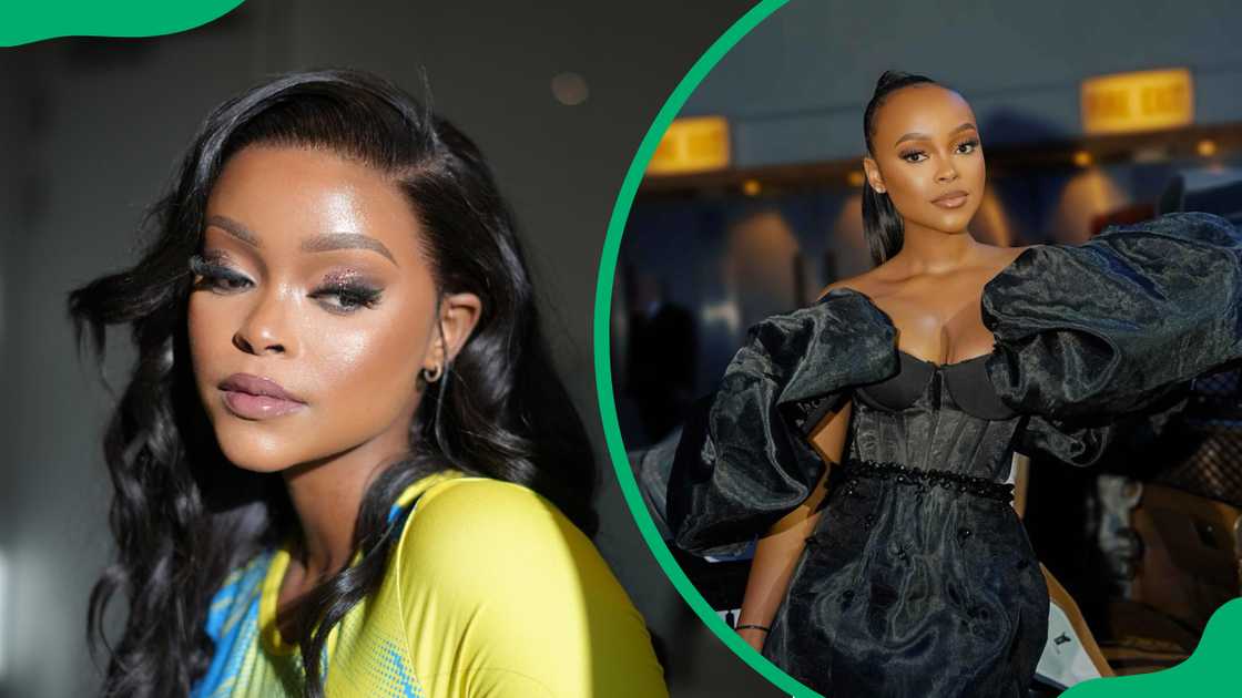 Nandipha Khubone is seen in a blue and yellow top and short black dress Nandipha Khubone is seen in a blue and yellow top and short black dress