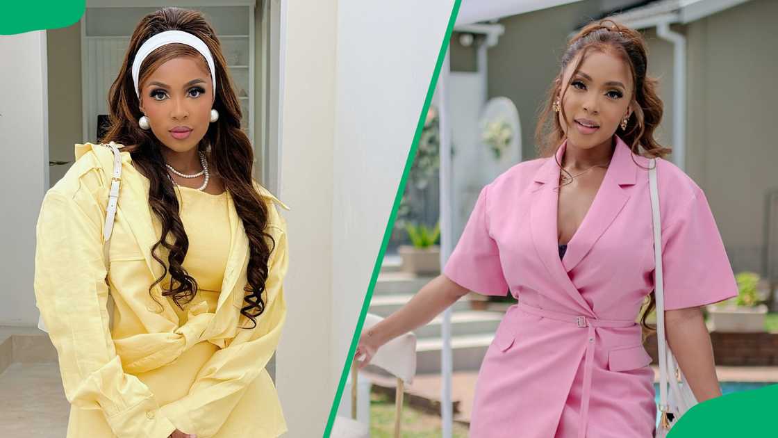 Linda Mtoba wearing yellow and purple outfits Linda Mtoba wearing yellow and purple outfits