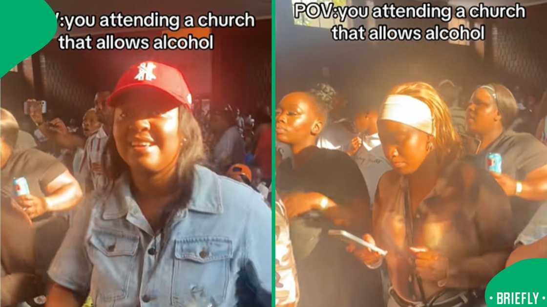 The screenshot on the right showed multiple churchgoers, drinking alcohol