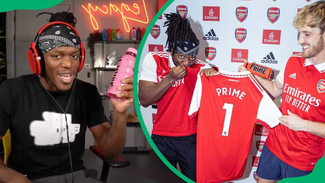 KSI showcasing PRIME drink (L). KSI and Logan Paul in Arsenal outfit (R)