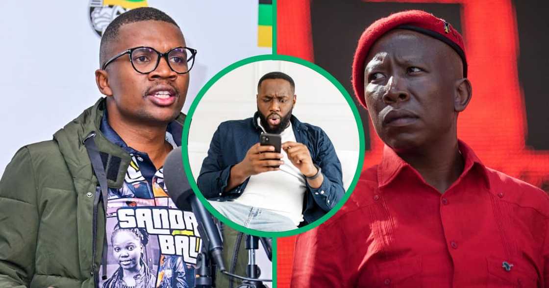 South Africa's radical left Economic Freedom Fighters (EFF) opposition party leader Julius Malema overlooks the crowd at the Orlando Stadium in Soweto South Africa's radical left Economic Freedom Fighters (EFF) opposition party leader Julius Malema overlooks the crowd at the Orlando Stadium in Soweto