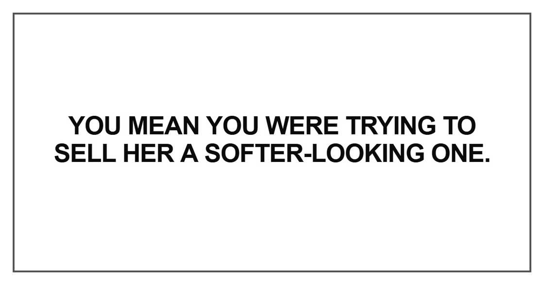 You mean you were trying to sell her a softer-looking one You mean you were trying to sell her a softer-looking one