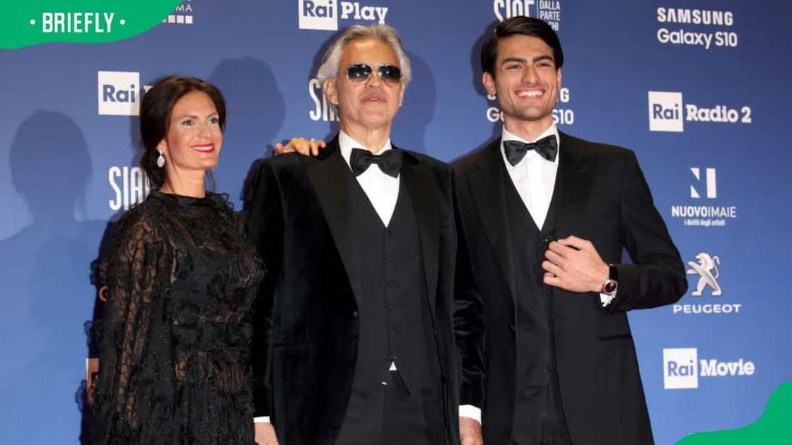 Andrea Bocelli, Veronica Berti and Matteo Bocelli (L-R) during the 2019 David Di Donatello Awards in Rome, Italy Andrea Bocelli, Veronica Berti and Matteo Bocelli (L-R) during the 2019 David Di Donatello Awards in Rome, Italy