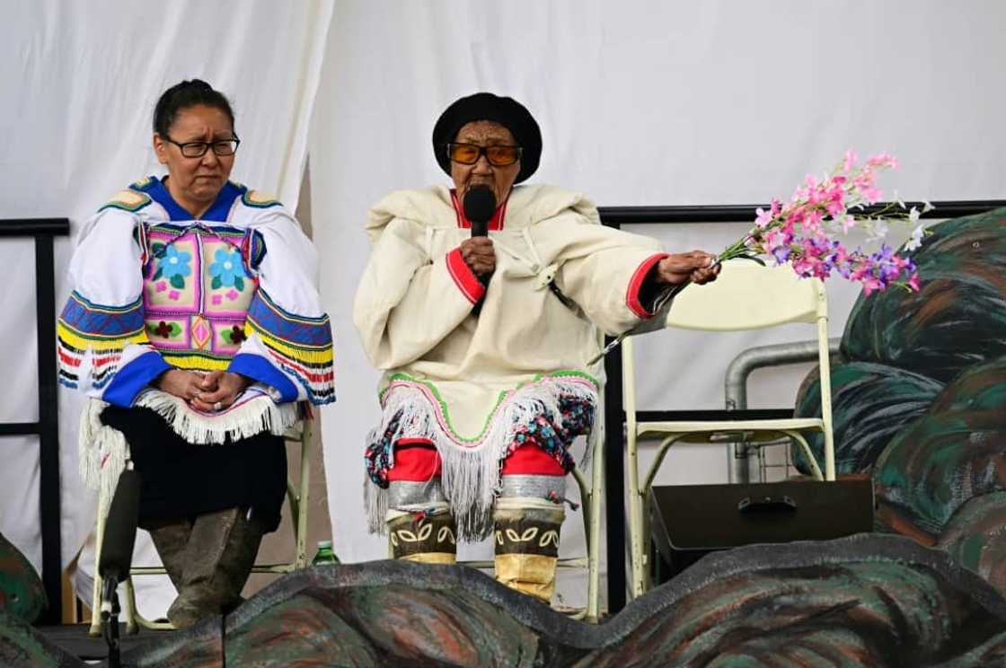 Indigenous residents speak as they await the arrival of Pope Francis in Iqaluit, Nunavut, Canada, on July 29, 2022