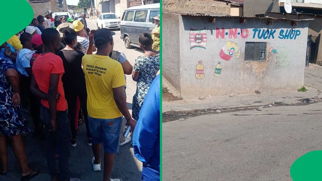 Angry community members outside the spaza shop accused of selling the contaminated goods. Angry community members outside the spaza shop accused of selling the contaminated goods.