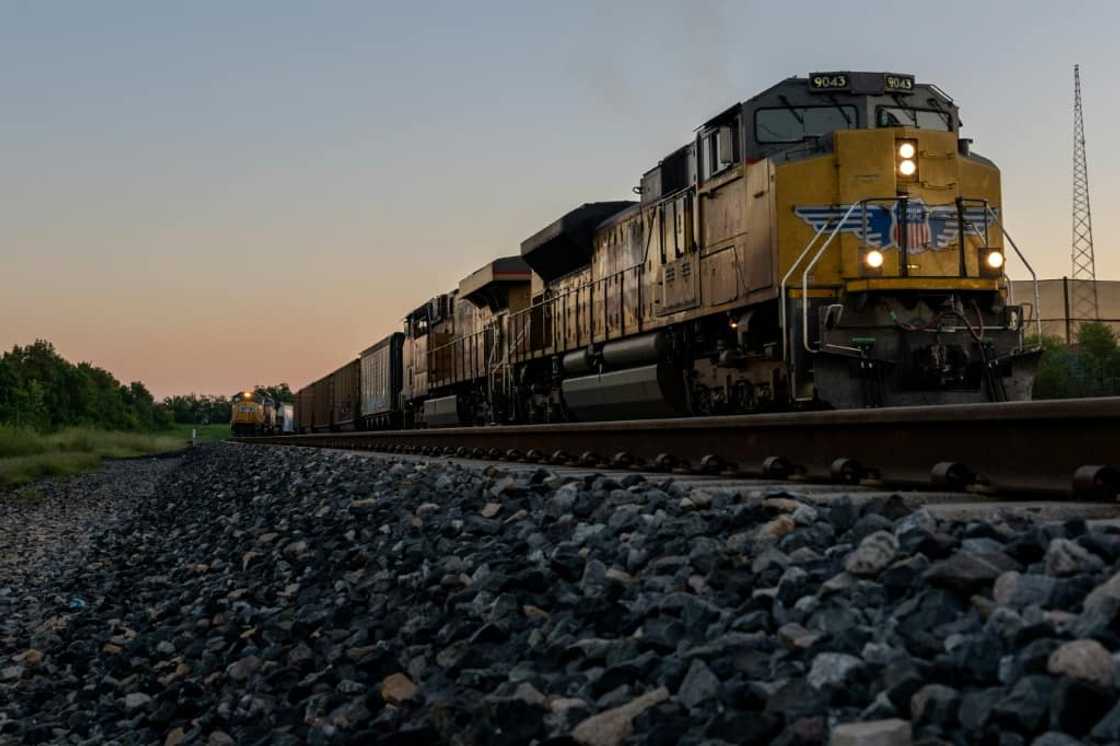 A freight train travels through Houston, Texas