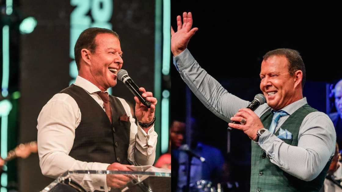 Pastor Adam Johannes Jakobus Boshoff on the pulpit in a black and white outfit and a green-themed suit