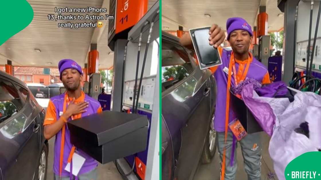The image on the right captured a petrol attendant holding his new iPhone The image on the right captured a petrol attendant holding his new iPhone