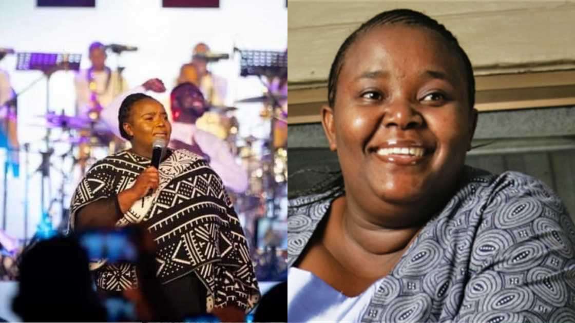 Hlengiwe Mhlaba on stage in a black and white outfit and she smiles for a photograph Hlengiwe Mhlaba on stage in a black and white outfit and she smiles for a photograph